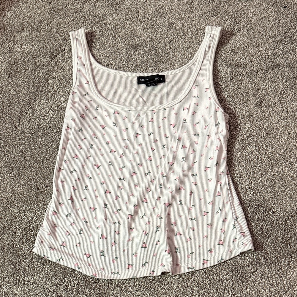 Light Pink Ribbed Tank with Tiny Floral Print